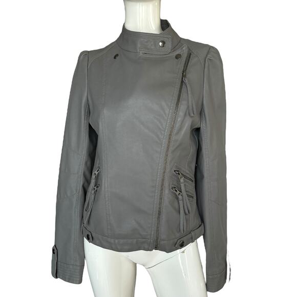 OH YES Gray Faux Leather Moto Jacket Asymmetrical Zip Multiple Pockets - Picture 3 of 8